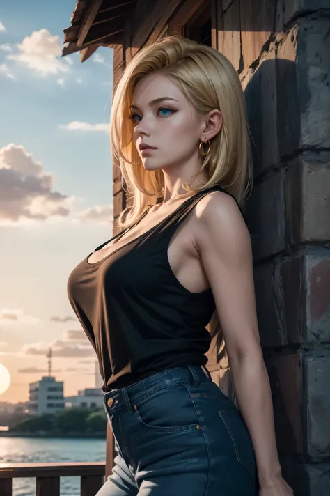 No.18,Dragon Ball Z,Dragon Ball Super,One-length hair,beautiful white blond hair,Shortcut, beautiful blue eyes ,PINK LIPS,white skin,cool expression,black sleeveless,blue jeans per boy,Ultra HD,super quality,masterpiece,DSLRs that will end,photorealistic, ...