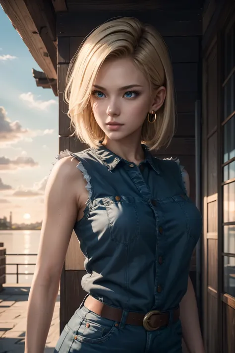 No.18,Dragon Ball Z,Dragon Ball Super,One-length hair,beautiful white blond hair,Shortcut, beautiful blue eyes ,PINK LIPS,white skin,cool expression,black sleeveless,blue jeans per boy,Ultra HD,super quality,masterpiece,DSLRs that will end,photorealistic, ...