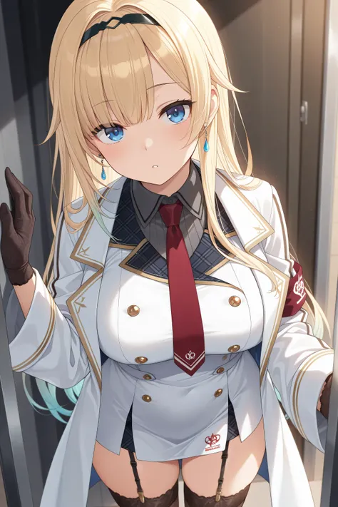 best quality, amazing quality, highres, absurdres, very aesthetic, high resolution, ultra detailed, perfect details,EmaMilitary, long hair, hairband, earrings, short dress, necktie, gloves, white coat, garter straps, thighhighs,professional quality、