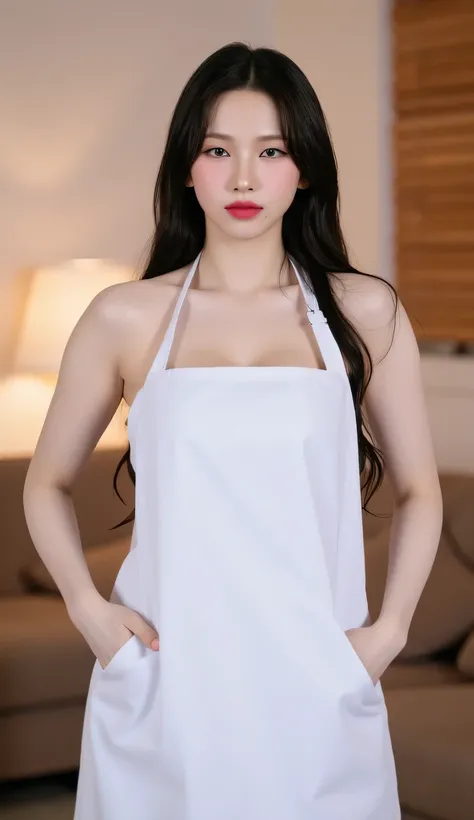 a woman, standing upright in the living room, shirt looks full body, body facing front, eyes looking at camera , use only an apron of white color, underwearless, bare shoulders , bare sleeves, big size G-cup, thick red lips, horny face, black hair,