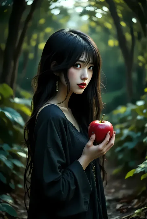 girl,long black hair,black queen,accessories,apple in hand,poison apples,witch queen,red lipstick,detailed portrait,elegant pose,dramatic expression,dark fantasy,intricate jewelry,mysterious aura,sinister apple,dark magic,dramatic lighting,gothic castle,mo...