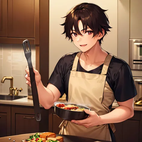 masterpiece、Great Quality、high resolution、newest、Super Detail、The most detailed eyes、most detailed face、Most detailed hair、most detailed hand、Highly detailed body、one man、24 years old、is manly、kind smile、apron、kitchen、look back here、Cooking