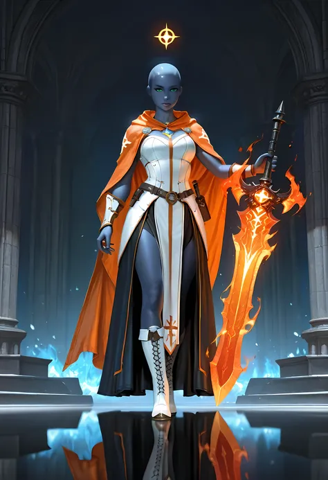 picture of a female cleric ((dark blue skin: 1.5)), intense details facial details, exquisite beauty, cleric, (dark blue skin: 1.5)) female, ((bald)), (((no ears: 1.5))), (green eyes: 1.3), armed with a fiery sword red fire, wearing (twilight priestly comb...