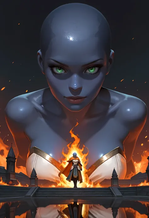 picture of a female cleric ((dark blue skin: 1.5)), intense details facial details, exquisite beauty, cleric, (dark blue skin: 1.5)) female, ((bald)), (((no ears: 1.5))), (green eyes: 1.3), armed with a fiery sword red fire, wearing (twilight priestly comb...