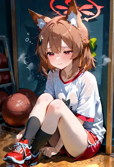 Masterpiece, highly detailed anime illustration of an exhausted brown-haired character with animal ears and green bow, sitting on wooden floor, wearing white t-shirt with red trim, red gym shorts, black knee socks and red shoes, flushed face with sweat dro...