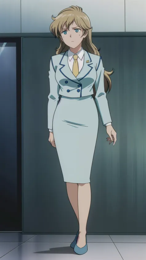 brown hair,long hair,Hair band, blue eyes,sad face,crying, full body style that reflects your whole body,Medium Bust, narrow waist ,Bare legs,in a suit, blue jacket.collared shirt、white shirt, YELLOW TIE,blue mini pencil skirt, Black Heel Pumps ,standing f...