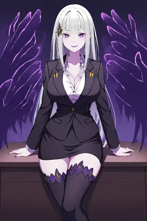 (Score_9, score_7:0.6), (masterpiece, best quality, good quality, newest:0.6),Re:Zero, Satella, Anime, 1girl, black thighhighs, pointy ears, silver hair, skirt, smirk, purple lips, purple eyes, suit, office lady, pencil skirt, unbuttoned jacket, office des...