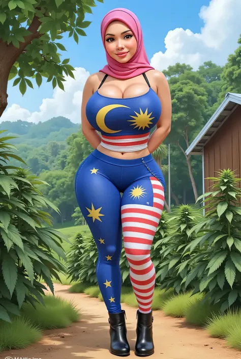 (50x ultra sharp), (high) waist leggings). front view, Malaysian hijab-wearing mother. (Wearings Malaysia flag top strapless ). BOTH HANDS LYING BEHIND YOUR BACK , (SAGGING BREASTS), (background In the cannabis farm), Masterpiece, High Quality, Realistic D...