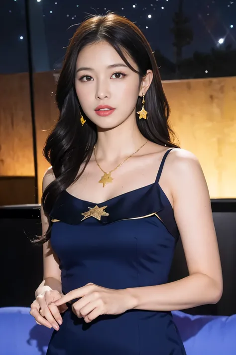Highest Quality, masterpiece, realistic, high resolution, 8KRAWpictures, 1 girl on break day, medium long hair in the break room、glamour、Yellow minidress with thunder motif、Gold trim、star shaped red dress with tar pendant 、star earrings、Action Pose、(Hill w...
