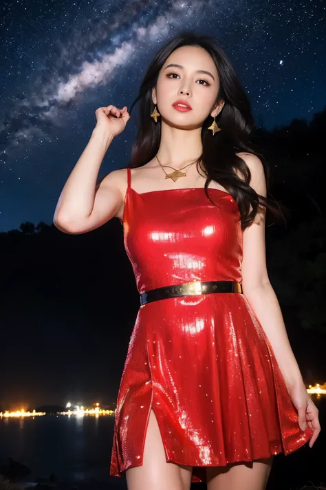 Highest Quality, masterpiece, realistic, high resolution, 8KRAWpictures, 1 girl on break day, medium long hair in the break room、glamour、Strawberry motif red mini dress、Gold trim、star shaped red dress with tar pendant 、star earrings、Action Pose、(Hill where...