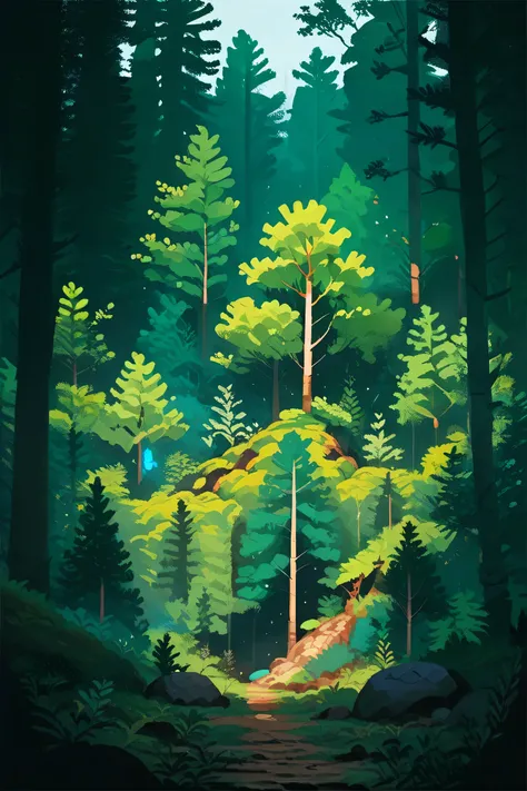 masterpiece, Best quality,Big rock in the forest, Moss