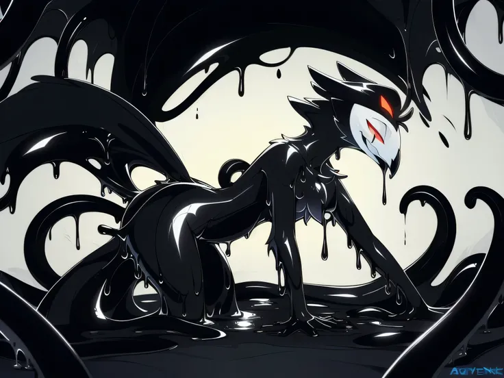 Tanraak (style), ((masterpiece)), ((8k quality)), (no watermark), stolas, male, sleek, shiny black slime body, long tail feathers, shiny, slick, goo, gooey, wide hips, black goo, dripping goo, black body, bs, avain tail, avian, thighs, butt, melting, detai...