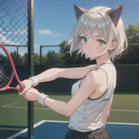 A young female tennis player in a sleek blue outfit stands ready, gripping her racket with both hands in a poised stance. Sunlight accentuates the crisp lines of her attire and the polished strings of the racket. Her determined gaze locks onto an unseen op...