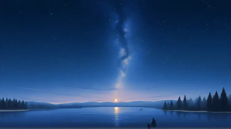 "Dawn fog spreading along a calm lakeside, A scene where the waves sparkle quietly and give a deep sense of calm"" Starry Night Sky "" is carrying a warm pastel ", "Soft light and shadows","In the forest illuminated by soft moonlight 