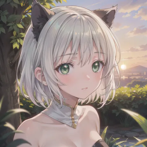 A breathtakingly beautiful 20-year-old woman stands in a lush green park at sunset, bathed in the warm golden light of the evening sun. Facing forward, her eyes gently closed, cheeks slightly flushed, and her face tilted upward as if anticipating a kiss, s...