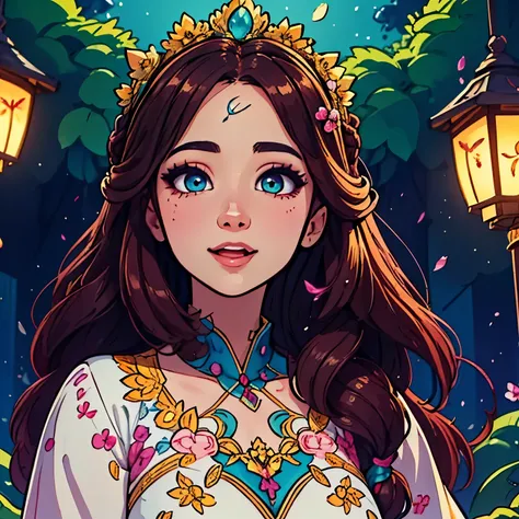 a vibrant, whimsical digital drawing of a young woman with long hair, detailed facial features, playful expression, flowing hair, intricate hairstyle, colorful floral crown, delicate skin, elegant posture, ethereal atmosphere, fantasy landscape background,...