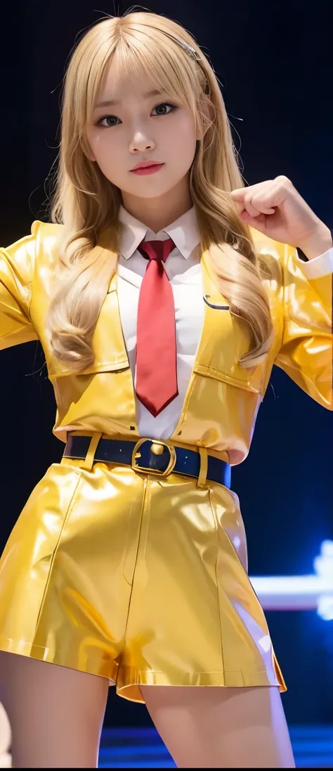 ELEGANT FIGHTING IDOL GIRL(Blonde Hair)、A pure girl's face、 hypo、、GOLD LATEX SHORTS UNIFORM、、fighter belt、The glowing fist of thunder、