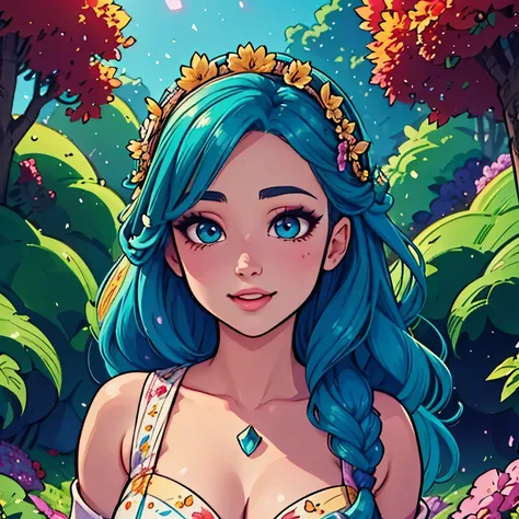 a vibrant, whimsical digital drawing of a young woman with long hair, detailed facial features, playful expression, flowing hair, intricate hairstyle, colorful floral crown, delicate skin, elegant posture, ethereal atmosphere, fantasy landscape background,...