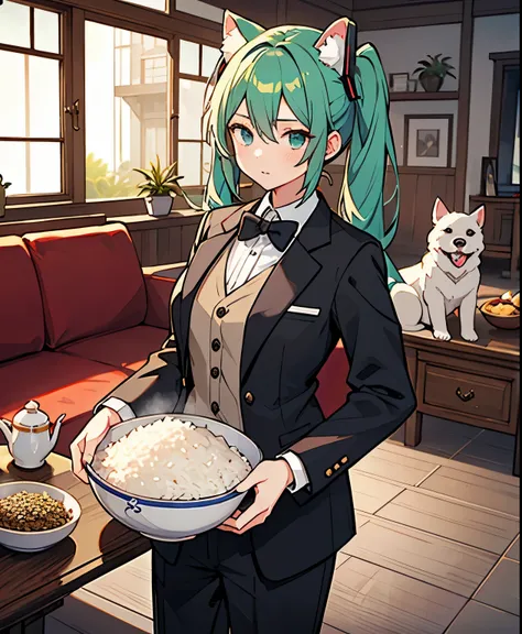 ( masterpiece、 Highest Quality、 Highest Quality、Official Art、 beautiful beautiful :1.2) Hatsune Miku、LIGHT GREEN TWIN TAILS, beautiful breasts, concentrate on dog butler (stare at the rice bowl) gracefully brewing tea, butler holds a file、Observe the whole...