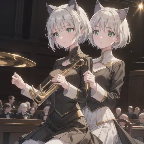 Depict a 20-year-old, dazzlingly beautiful woman playing a brass instrument in a grand concert hall. She wears an elegant yet practical band uniform, designed with intricate gold embroidery. Her posture is poised, fingers positioned with precision, her eye...