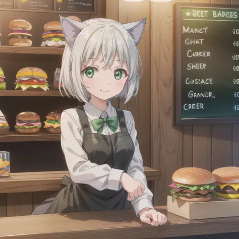She is a cheerful girl working behind the counter at a cozy burger shop. She is wearing a cute burger shop uniform and smiling warmly at the customers. The background shows a bright and clean fast food counter with menu boards. Short hair, animal ears, (gr...