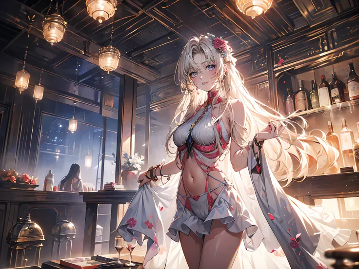 The most HD , masterpiece, 32K、 Big Breasts {x} Very well detailed、girl, ash hair, hair below the shoulders, sapphire eyes, athletic build, toned body, fantasy Japanese woman 、white sexy bikini、luxury, Women's legs are attractive、Radiant bare skin、 cool pr...