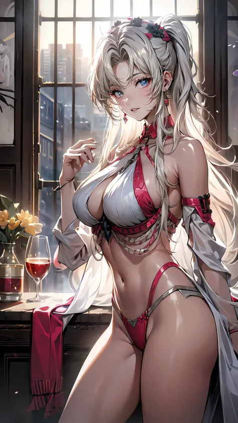 The most HD , masterpiece, 32K、 Big Breasts {x} Very well detailed、girl, ash hair, hair below the shoulders, sapphire eyes, athletic build, toned body, fantasy Japanese woman 、white sexy bikini、luxury, Women's legs are attractive、Radiant bare skin、 cool pr...