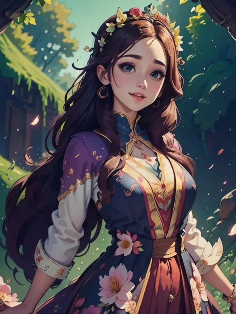 a vibrant, whimsical digital drawing of a young woman with long hair, detailed facial features, playful expression, flowing hair, intricate hairstyle, colorful floral crown, delicate skin, elegant posture, ethereal atmosphere, fantasy landscape background,...