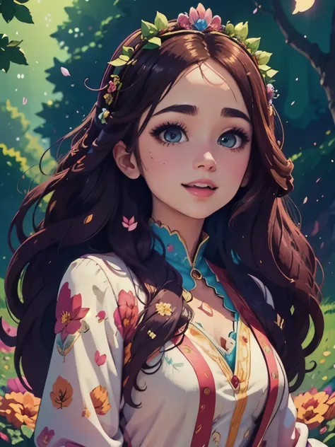 a vibrant, whimsical digital drawing of a young woman with long hair, detailed facial features, playful expression, flowing hair, intricate hairstyle, colorful floral crown, delicate skin, elegant posture, ethereal atmosphere, fantasy landscape background,...