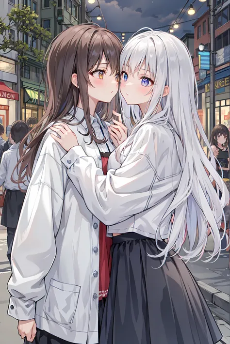 (masterpiece) attention to detail, masterpiece),(high image quality)One couple in their 20s, female1名、Kiss、Romance、Sparkling atmosphere、Glossy appearance、Night City,female(brown medium long hair )close ~ eye、Sweet Sigh、male(Black Disheveled Hair、Y shirt, s...