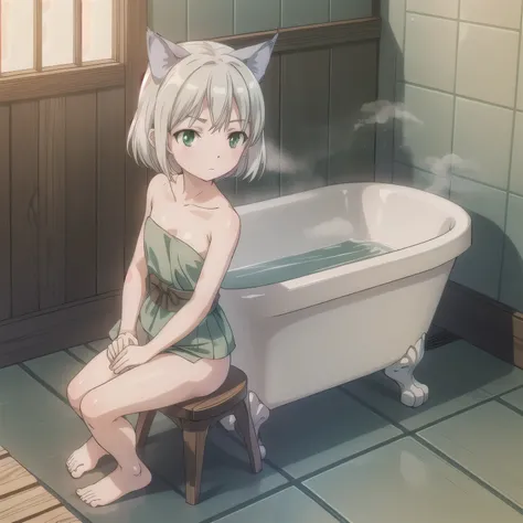 A beautiful woman in a A narrow, compact Japanese bathroom, with tiled walls, a small bathtub, and a wooden stool beside it. Steam fills the room., sitting in seiza style , politely waiting to greet someone.The character is wrapped in a towel around the bo...