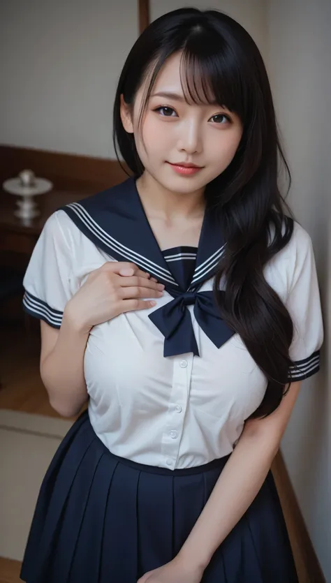 One person(((Cute baby face)))Beautiful woman with a round face, ((( high school sailor uniform), A collection of photos of very beautiful Japanese idols, 
( RAW photos , Highest Quality), (realistic, photorealistic:1.4), (masterpiece), 
very delicate and ...