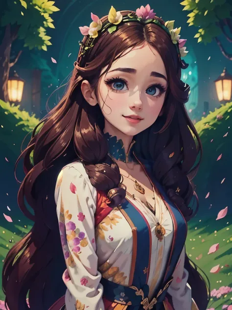 a vibrant, whimsical digital drawing of a young woman with long hair, detailed facial features, playful expression, flowing hair, intricate hairstyle, colorful floral crown, delicate skin, elegant posture, ethereal atmosphere, fantasy landscape background,...