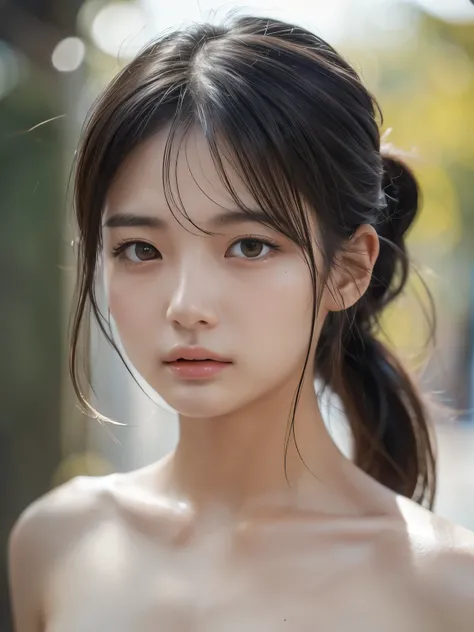 NSFW, (topless:1.7), nudity, Sporty Girl, Dynamic Pictures , Black Hair, Long Hair, ponytail, bangs, Thready hairstyle/hair, Expressive Hair , Droopy eyes, Sad Eyes , Light-pigmented eyes, Drooping eyebrows, high definition, masterpiece, accurate, is...