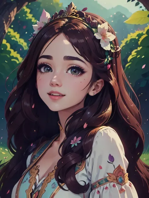 a vibrant, whimsical digital drawing of a young woman with long hair, detailed facial features, playful expression, flowing hair, intricate hairstyle, colorful floral crown, delicate skin, elegant posture, ethereal atmosphere, fantasy landscape background,...
