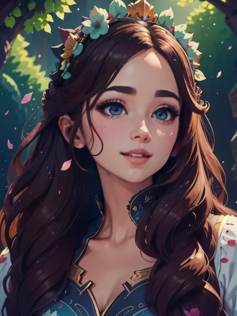 a vibrant, whimsical digital drawing of a young woman with long hair, detailed facial features, playful expression, flowing hair, intricate hairstyle, colorful floral crown, delicate skin, elegant posture, ethereal atmosphere, fantasy landscape background,...