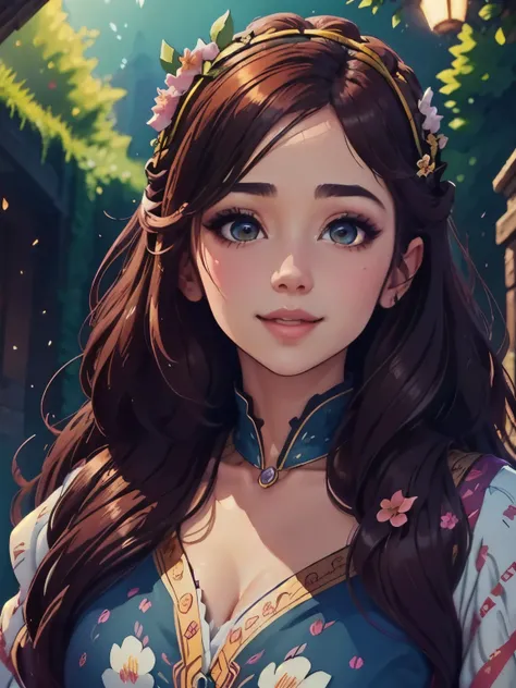 a vibrant, whimsical digital drawing of a young woman with long hair, detailed facial features, playful expression, flowing hair, intricate hairstyle, colorful floral crown, delicate skin, elegant posture, ethereal atmosphere, fantasy landscape background,...