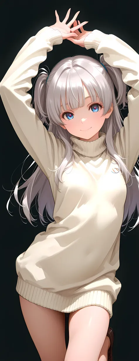 1 girl,looking at viewer, chest up,natural relaxed pose,contrapposto pose,Reaching arms up, one leg slightly bent, petite body, slender figure, small breasts, small frame, innocent smile, bright blue eyes, fair smooth skin, rosy cheeks, glossy lips, cute f...