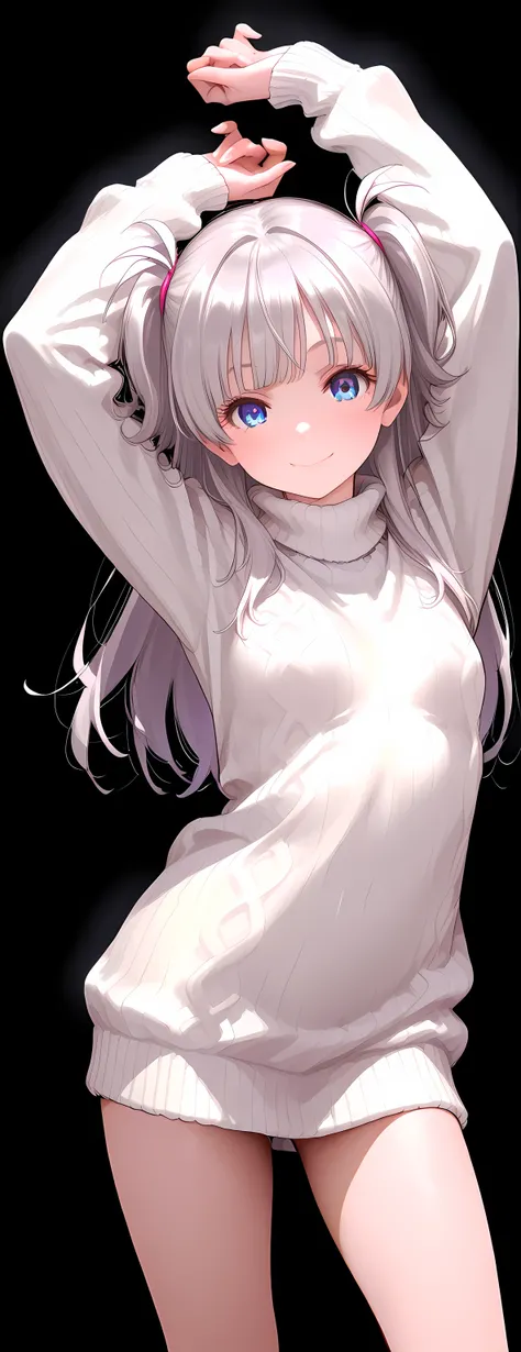 1 girl,looking at viewer, chest up,natural relaxed pose,contrapposto pose,Reaching arms up, one leg slightly bent, petite body, slender figure, small breasts, small frame, innocent smile, bright blue eyes, fair smooth skin, rosy cheeks, glossy lips, cute f...