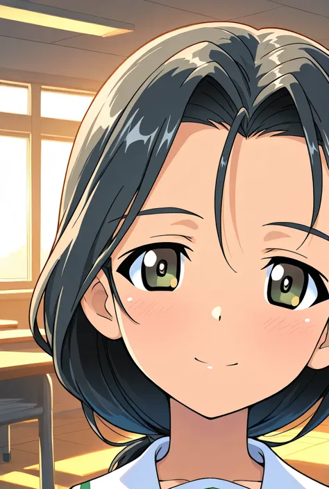 piyotan \(girls und panzer\),ooarai school uniform,black tie,classroom,face focus,front view,looking at viewer,