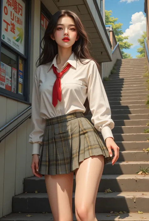 ultra fineCG Unity 8k壁紙、best image quality、ultra fine、masterpiece、real、photoreal、Ultra Fine Cute Girl、18 years old、(High school girl climbing the long stairs at school)。((back view))、(looking back at the drugstore)、(笑faceの高校生)、(full body angle),low angle、C...