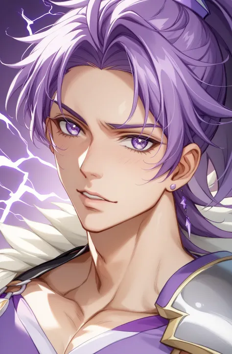 score 9 、score 8 up、score 7 up、source anime、masterpiece、Highest Quality、high resolution、anime coloring、1boy、cure sword、(male:1.5)、boy with purple hair、high short ponytail hair、spade shape hair ornament、solo、portrait of Magic Boy、boy in white and purple dre...
