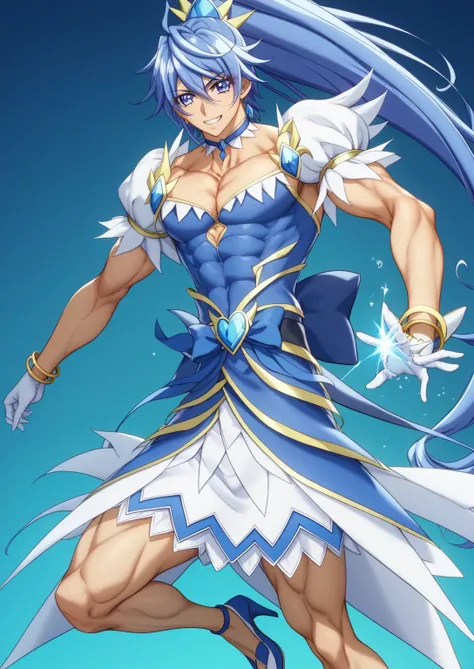 score 9 、score 8 up、score 7 up、source anime、masterpiece、Highest Quality、high resolution、anime coloring、1boy、cure diamond、(male:1.5)、 Boy with Blue Hair 、high long ponytail hair、dia shape hair ornament、solo、portrait of Magic Boy、 Boy in a White and Blue Dre...
