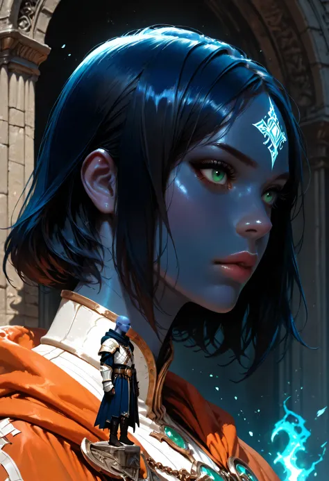 portrait of a female cleric ((dark blue skin: 1.5)), intense details facial details, exquisite beauty, cleric, (dark blue skin: 1.5)) female, ((bald)), (((no ears: 1.5))), (green eyes: 1.3), armed with a radiant sword, wearing (twilight priestly combat ves...