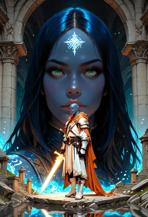 portrait of a female cleric ((dark blue skin: 1.5)), intense details facial details, exquisite beauty, cleric, (dark blue skin: 1.5)) female, ((bald)), (((no ears: 1.5))), (green eyes: 1.3), armed with a radiant sword, wearing (twilight priestly combat ves...