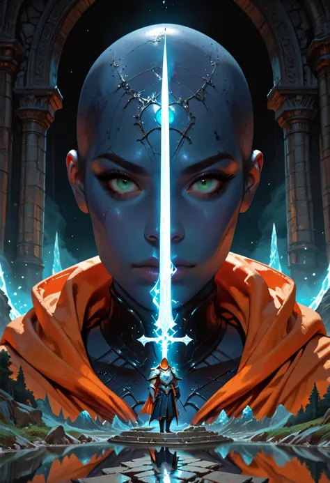 portrait of a vedalken female cleric ((dark blue skin: 1.5)), intense details facial details, exquisite beauty, cleric, (dark blue skin: 1.5)) female, ((bald)), (((no ears: 1.5))), (green eyes: 1.3), armed with a radiant sword, wearing (twilight priestly c...