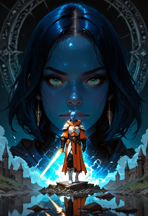 portrait of a vedalken female cleric ((dark blue skin: 1.5)), intense details facial details, exquisite beauty, cleric, (dark blue skin: 1.5)) female, ((bald)), (((no ears: 1.5))), (green eyes: 1.3), armed with a radiant sword, wearing (twilight priestly c...