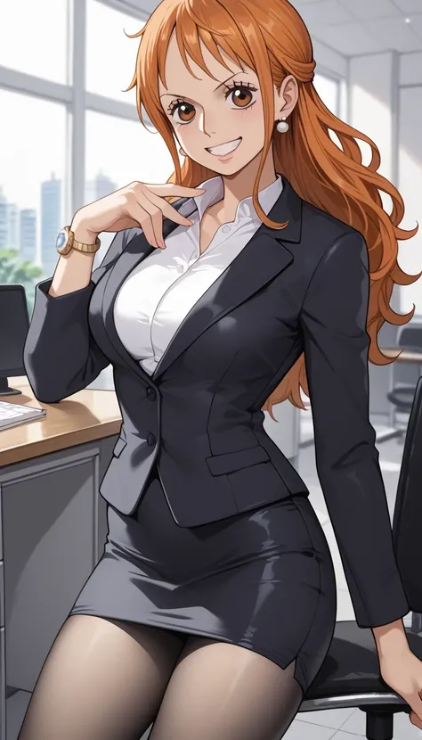 score_9, score_8_up, score_7_up, source_Anime Top Quality、8k、 masterpiece、super high accuracy、 natural light、perfect anatomy、one woman、medium breasts、saggy breasts:1.5、one piece、nami、orange hair、( Happy Expression )、 white office suit、tight suit to sit on ...