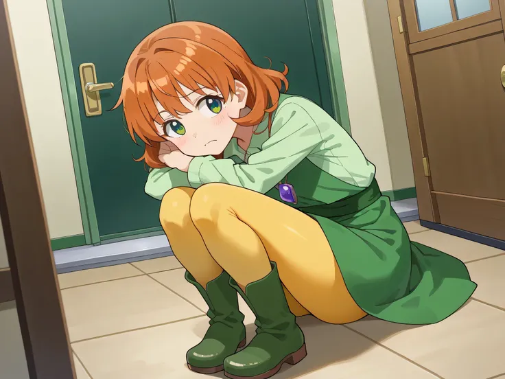1girl, green eyes, purple pendant, orange hair, medium hair +++ yellow pantyhose, green dress, lightgreen shirt, green boots Hiding face with arm, looking to the side, extremely quality extremely detailed, illustration, cute anime face cinematic lighting,ス...