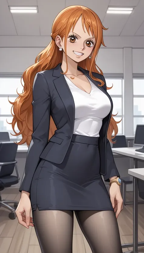 score_9, score_8_up, score_7_up, source_Anime Top Quality、8k、 masterpiece、super high accuracy、 natural light、perfect anatomy、one woman、medium breasts、saggy breasts:1.5、one piece、nami、orange hair、( Happy Expression )、White tight office suit、white tight jack...
